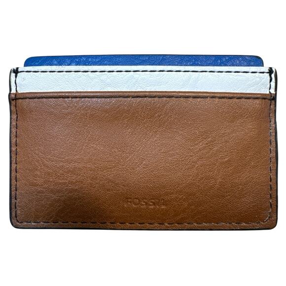 Fossil Leather 4 card Slot WALLET BROWN / White/Blue  classic stitching - Picture 1 of 5